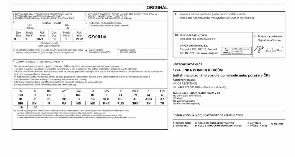 Ukázka zelené karty – vzor