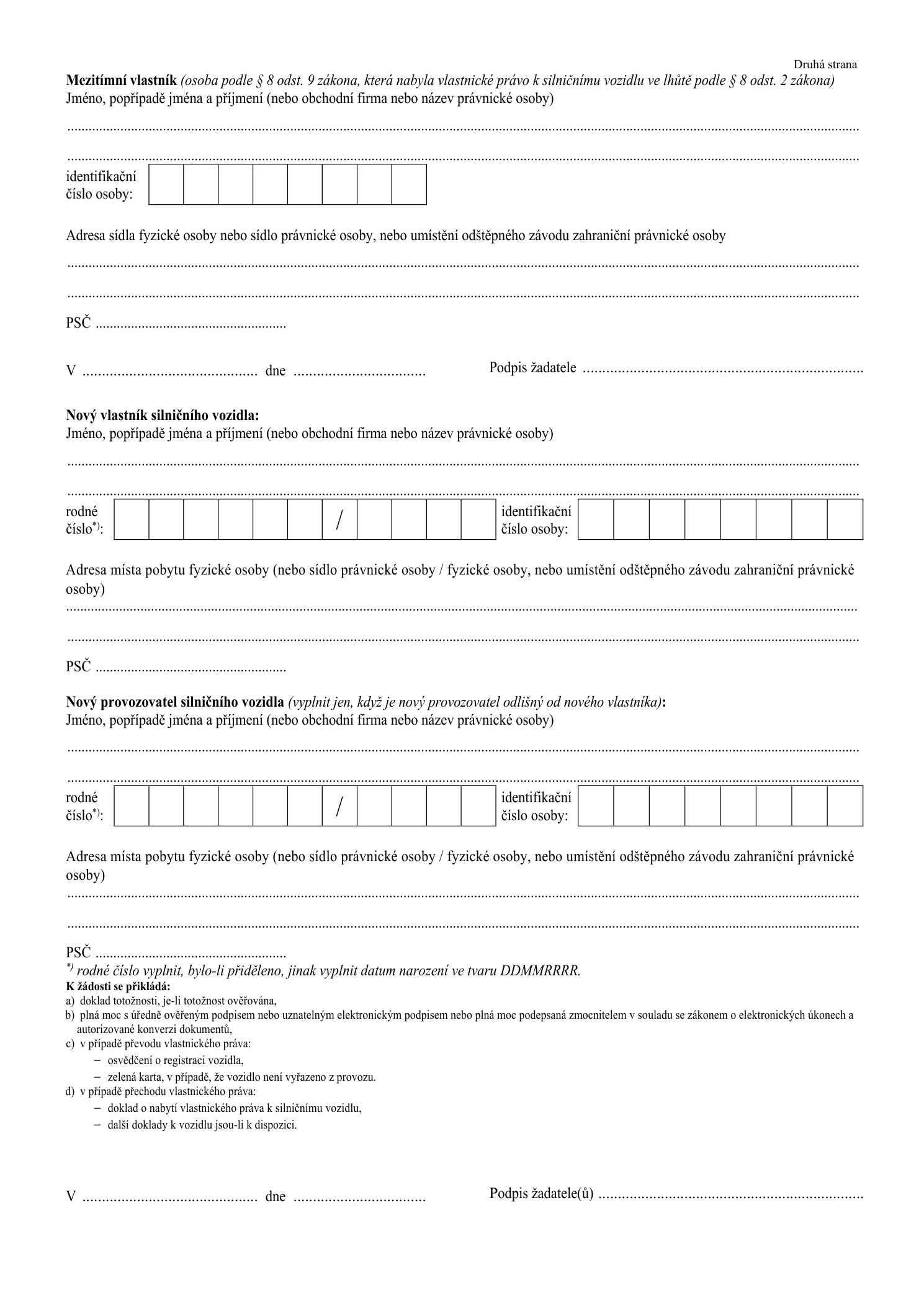 Přepis auta – formulář, strana 2 (formulář na přepis vozidla)